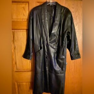 Women’s black leather full length dress coat. Size small